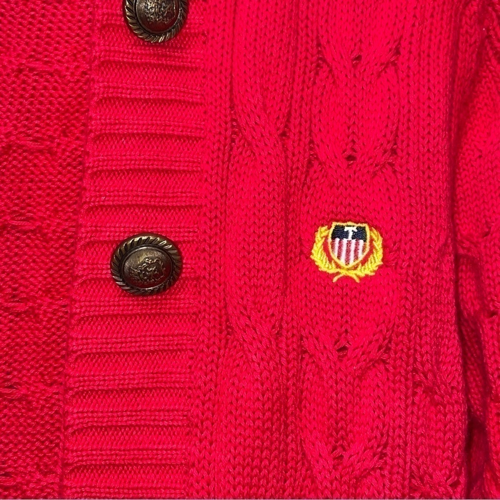 Vintage Twisted Cable Knit Sweater Long Cardigan Red Crest Rampant Lion Buttons - Picture 9 of 11